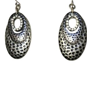 Hammered Metal Oval Drop Earrings With Crystal Center